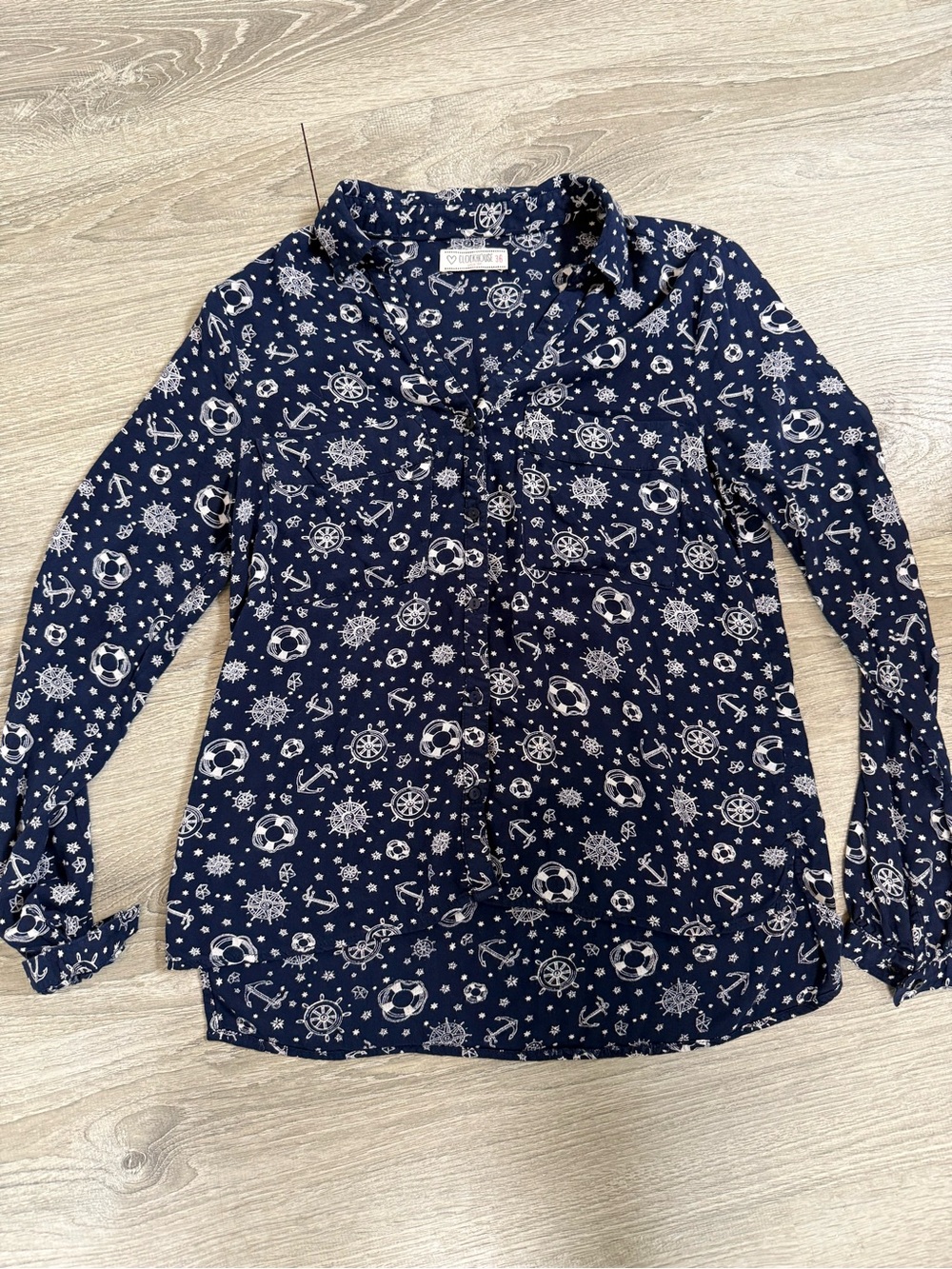 Nautical Print Coastal Button-Front Blouse boating beachy - Picture 2 of 6